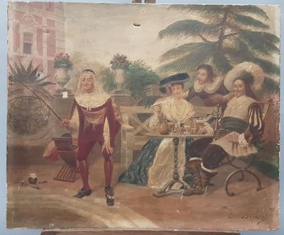 tableau représentant un groupe de personnes assises autour d'une table devant un bâtiment