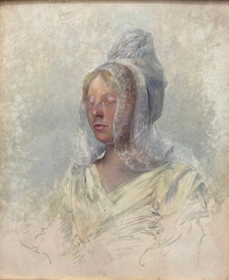 tableau représentant une femme portant un voile sur la tête et vêtue d'une robe blanche