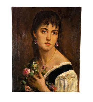 painting of a woman holding a bouquet of flowers in her right hand