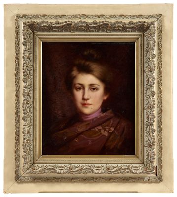 un tableau représentant une femme portant un foulard violet, dans un cadre doré