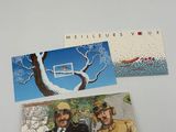 three postcards of a man and a woman sitting in a car
