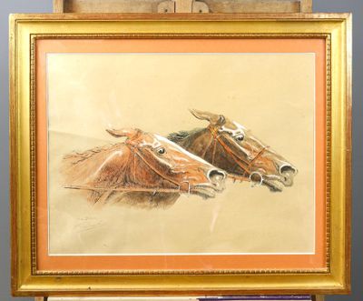 un tableau représentant deux chevaux, posés côte à côte sur un chevalet