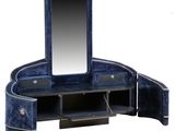 an image of a blue vanity with a mirror