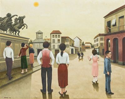 peinture d'un groupe de personnes devant un bâtiment