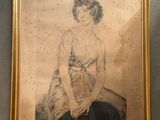 painting of a woman sitting on a chair in front of a wall