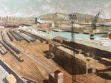 a picture of a painting of a train yard