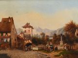 a painting of a town with a horse drawn carriage on the street