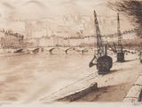 drawing of a view of a city with a bridge over a river