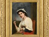 une peinture représentant une femme tenant une fleur à la main