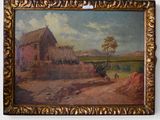 an oil painting of a farm scene with a barn in the background