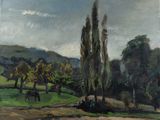 tableau représentant un cheval paissant dans un champ, avec des arbres et des collines en arrière-plan