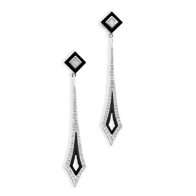 Paire DE Longs Pendants D'Oreilles Onyx ET Diamants