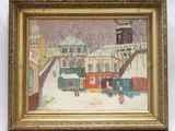 une image représentant un tableau représentant une rue enneigée, dans un cadre doré