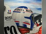 an oil painting of a racing car with a helmet on it
