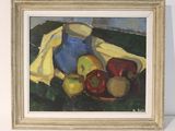 un tableau représentant des pommes et un vase bleu posés sur une table