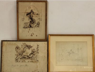 trois dessins encadrés représentant un homme et une femme, accrochés au mur