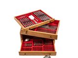a wooden box with silverware in it on a white background