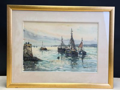 an image of a picture of a painting of boats in the water