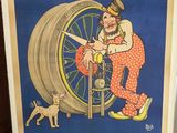 une vieille affiche représentant un homme travaillant sur une roue en compagnie d'un chien