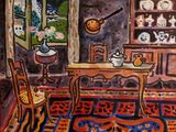 a painting of a room with a table and chairs