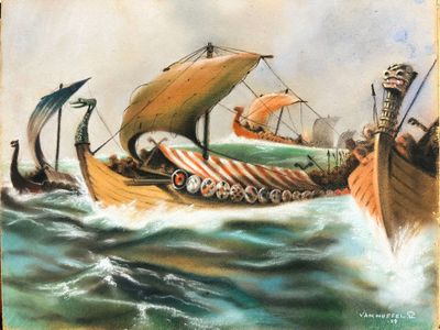 une peinture représentant un groupe de bateaux sur l'eau