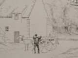 drawing of a man standing next to a horse drawn carriage in front of a house