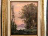une peinture à l'huile représentant un homme assis sur un banc au bord d'un lac