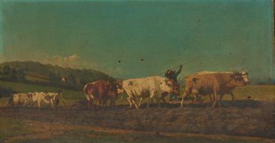 tableau représentant un homme menant un troupeau de bovins à travers un champ