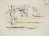 une photo d'un tableau représentant un arbre et un banc