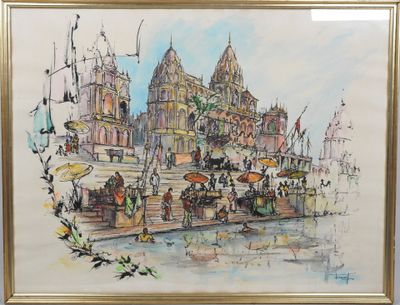 une photo d'une aquarelle représentant une ville