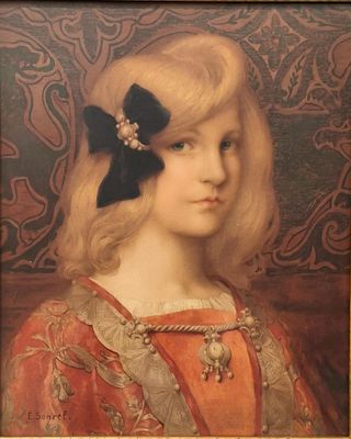 portrait d'une jeune fille portant un nœud noir et une robe rouge