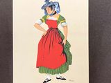 a drawing of a woman in a red dress with a blue hat