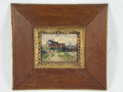 an old picture of a painting of a farm with a house in the background