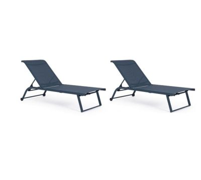 a pair of blue lounge chairs on a white background