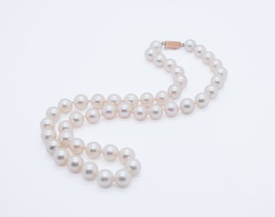 a close up of a white pearl necklace on a white surface