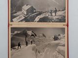 two black and white photos of people walking up a snowy mountain