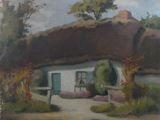 un tableau représentant une maison au toit de chaume