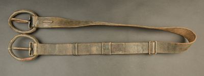 pair of antique brass buckles on a gray background
