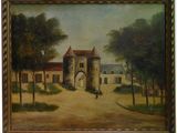 an old painting of a castle with a man walking down the road
