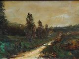 une peinture à l'huile représentant un chemin de terre avec des arbres en arrière-plan