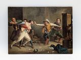 a painting of a group of men fighting in a room