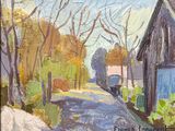 a painting of a man walking down the street