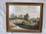 une peinture à l'huile représentant une scène fluviale avec du bétail paissant sur la rive