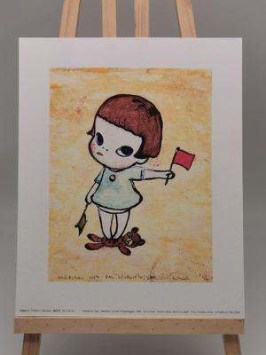 tableau représentant une petite fille tenant un drapeau rouge posé sur un chevalet