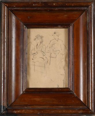 an old drawing of a man and a woman in a wooden frame