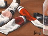 a painting of a baseball player laying on the ground next to a bottle of liquor