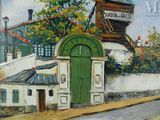 a painting of a windmill on the side of the road