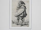 a black and white drawing of an old man carrying a bag