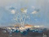 l'image d'un tableau représentant un arbre au milieu d'un champ