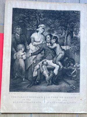 an old print of a family gathering in a wooded area